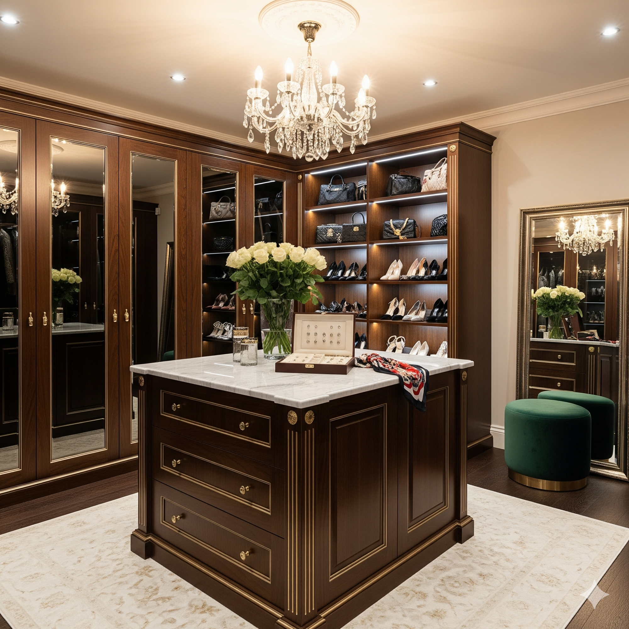 Glamour Cabinet Luxurious walk-in wardrobe with dark wood cabinets, chandelier, and displays of shoes and accessories.