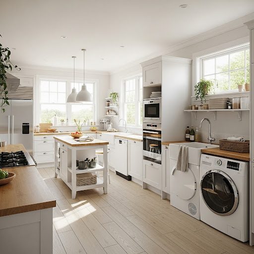 Modern kitchen with white cabinets, wooden counters, and a washing machine. Bright and airy.