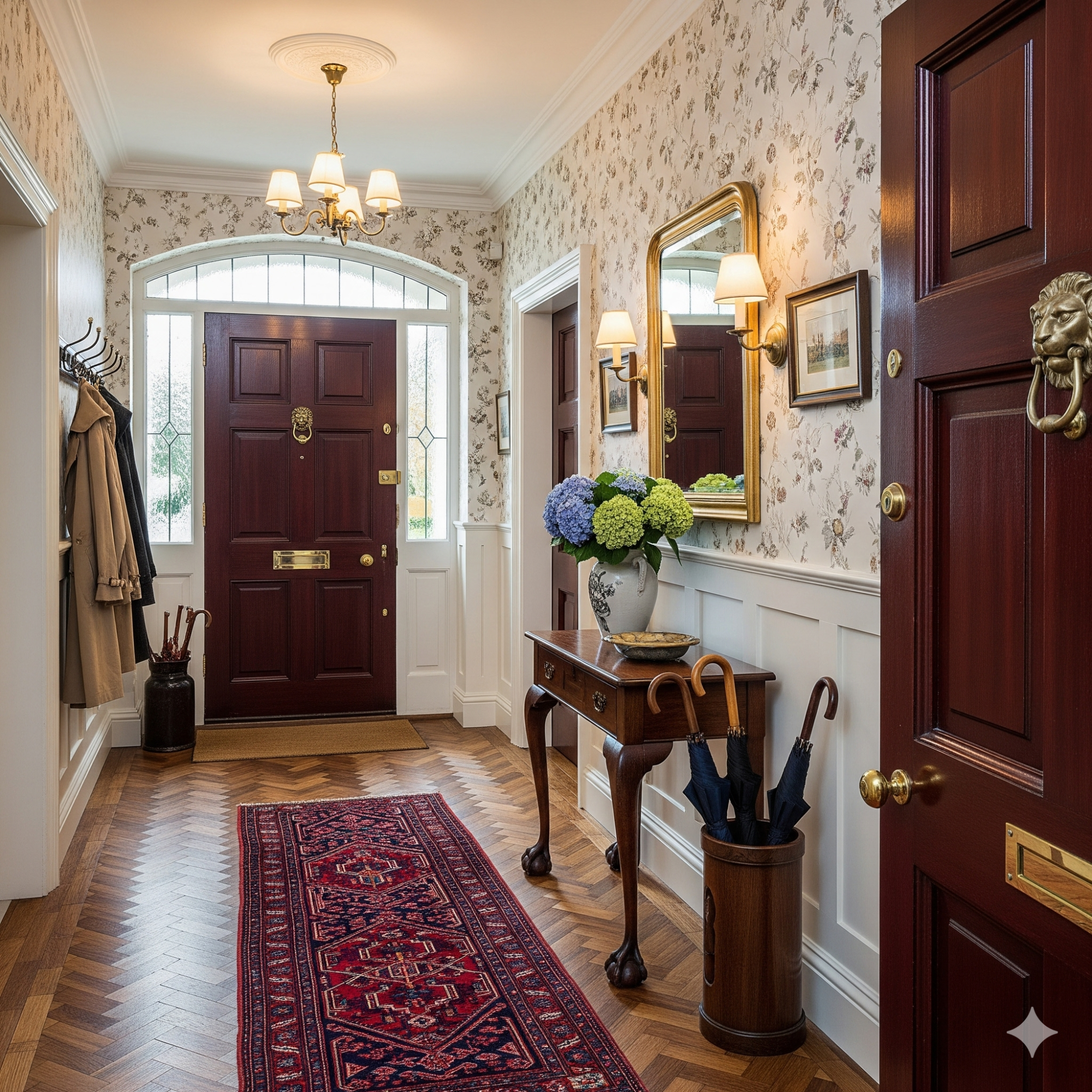 Classic & Traditional Elegant hallway with a wooden console table, floral wallpaper, and double doors.