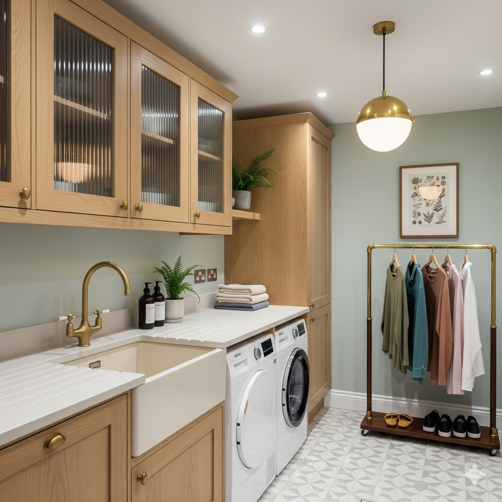 Aesthetics over Utilitarianism Contemporary laundry room with a sink, washing machine, hanging clothes rack, and warm lighting.
