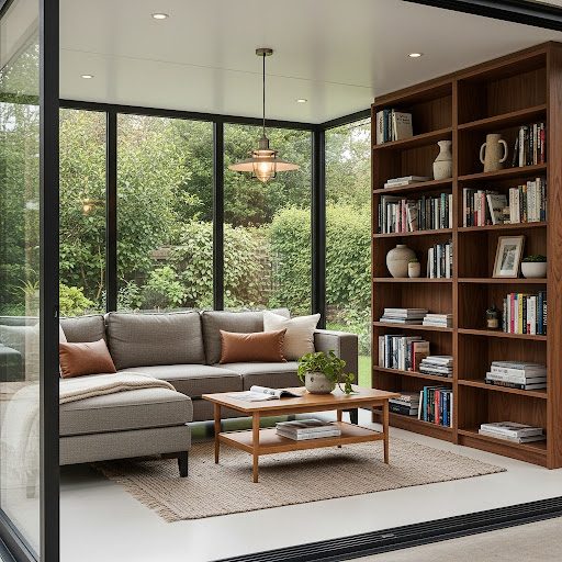 Garden Annex Modern living space with a grey sofa, wooden bookshelf, and views of greenery outside.