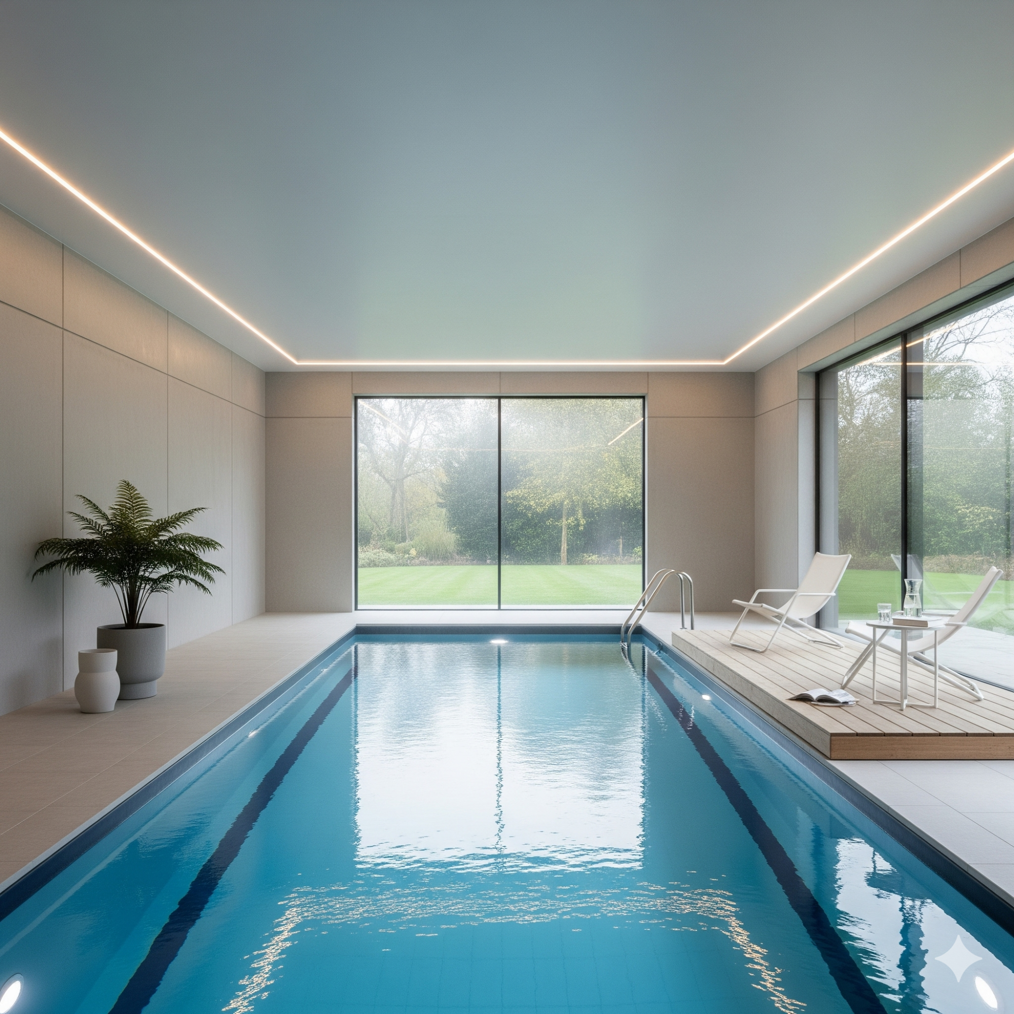 Modern Minimalist Indoor swimming pool with large windows, lounging chairs, and potted plants.