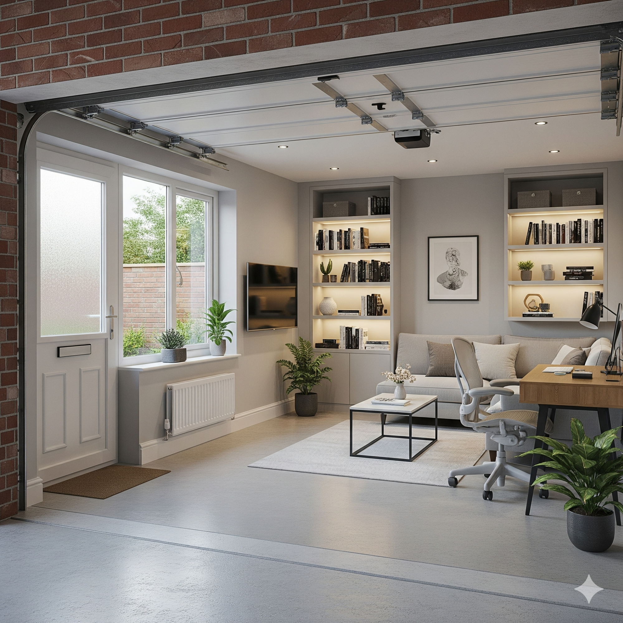 Garage Conversions Modern home office with a desk, shelves, plants, and large windows for natural light.