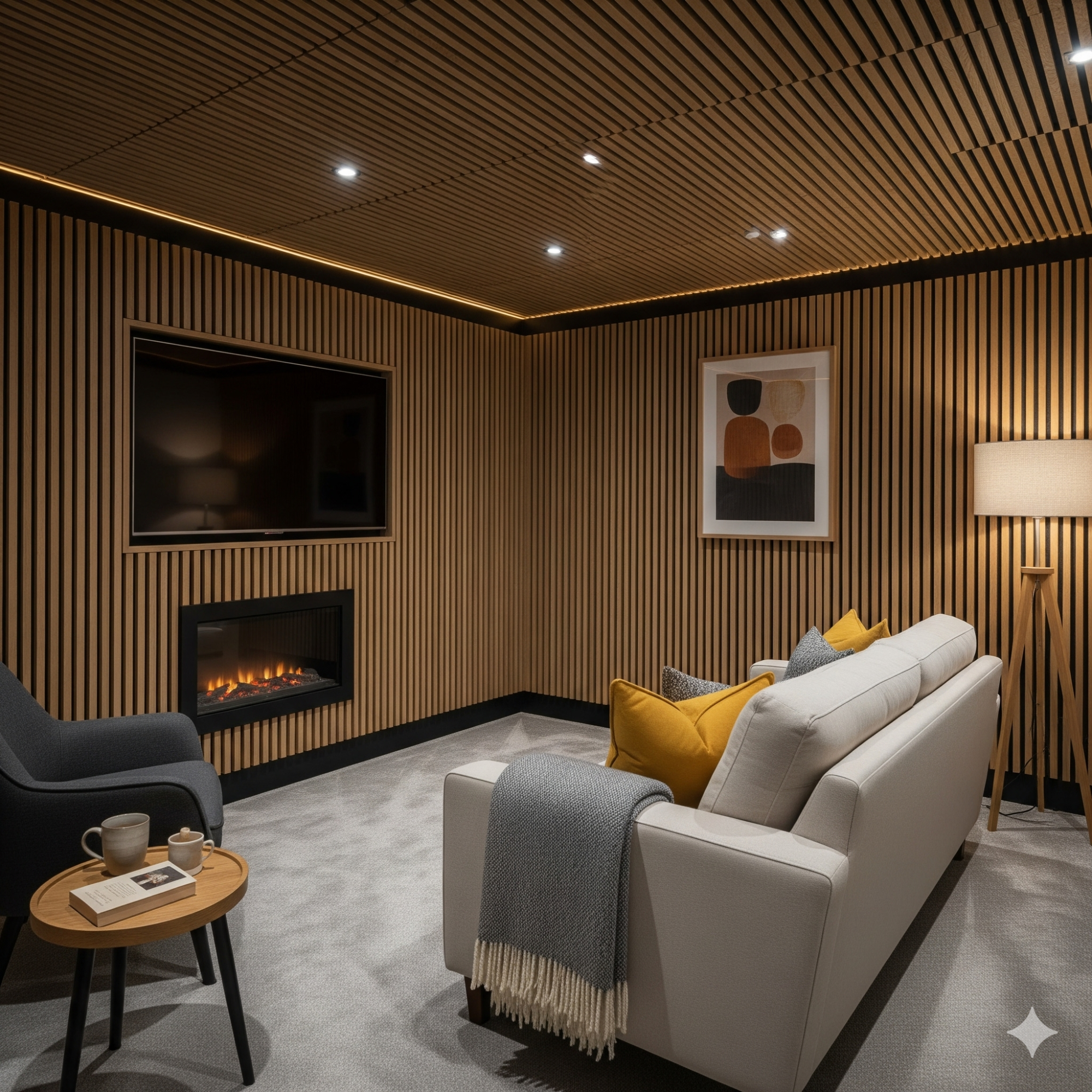 Acoustic Panelling Cozy living room with a modern sofa, armchair, fireplace, and warm wooden accents.