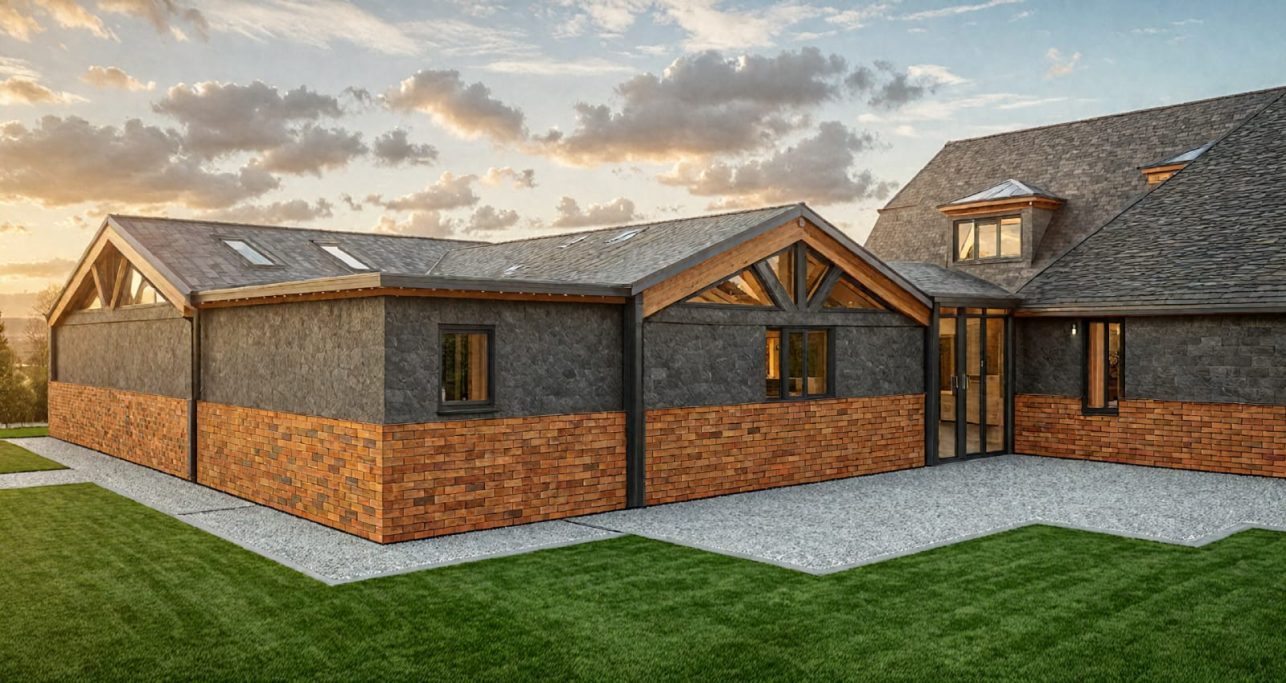 Render shot 03 Modern house with a mix of grey and brick exterior, surrounded by green lawn and clouds.