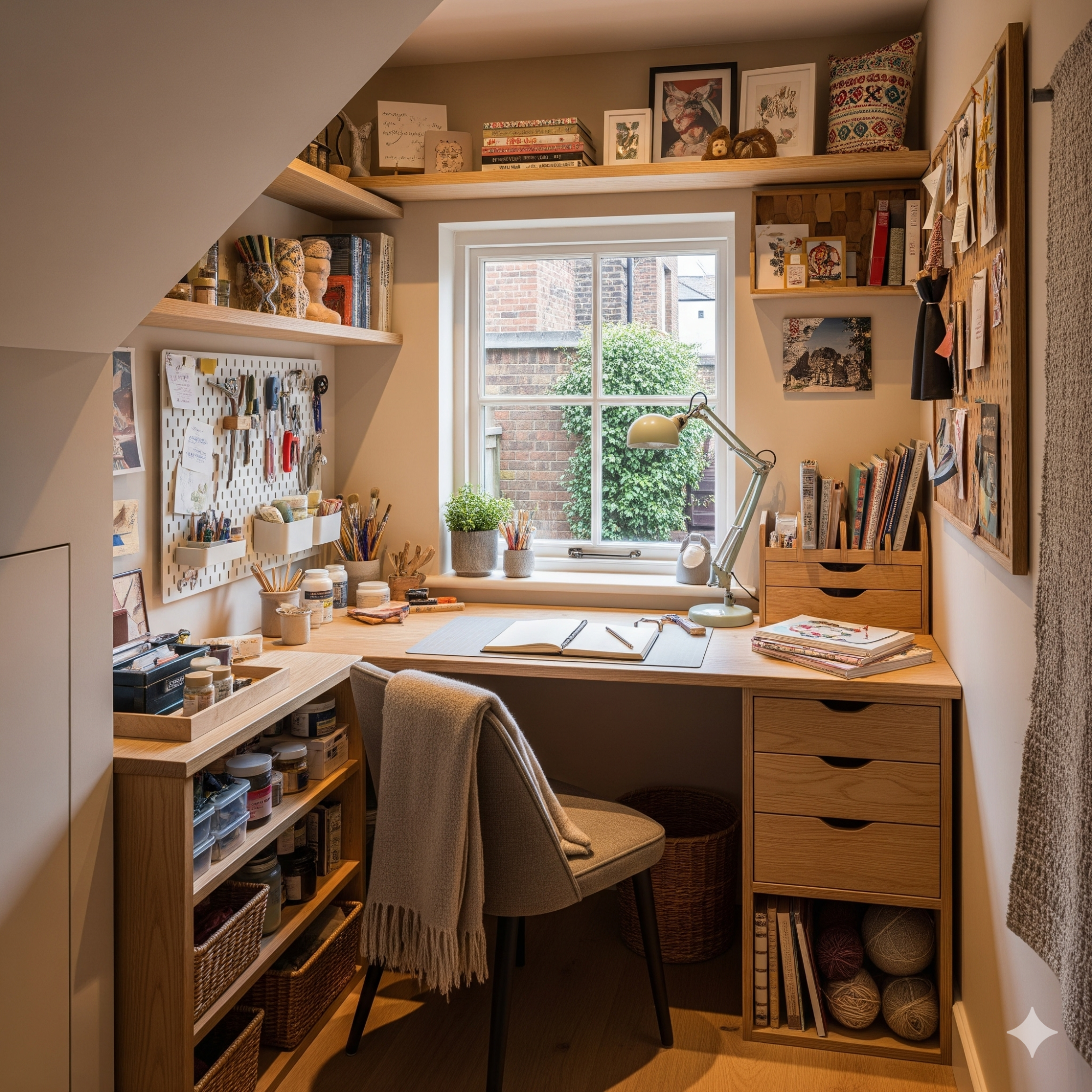 The Multi-purpose Nook A cozy home office with a wooden desk, shelves, and a window overlooking greenery.