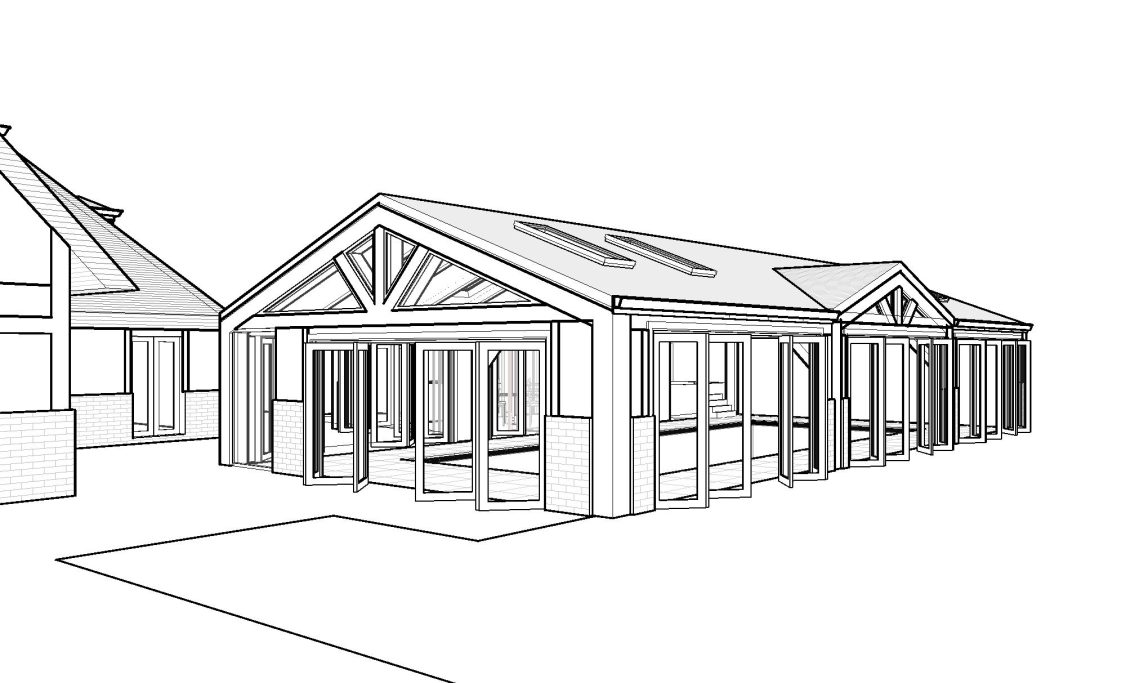 3D view 01 Architectural sketch of a contemporary house with a large porch and angular rooflines.