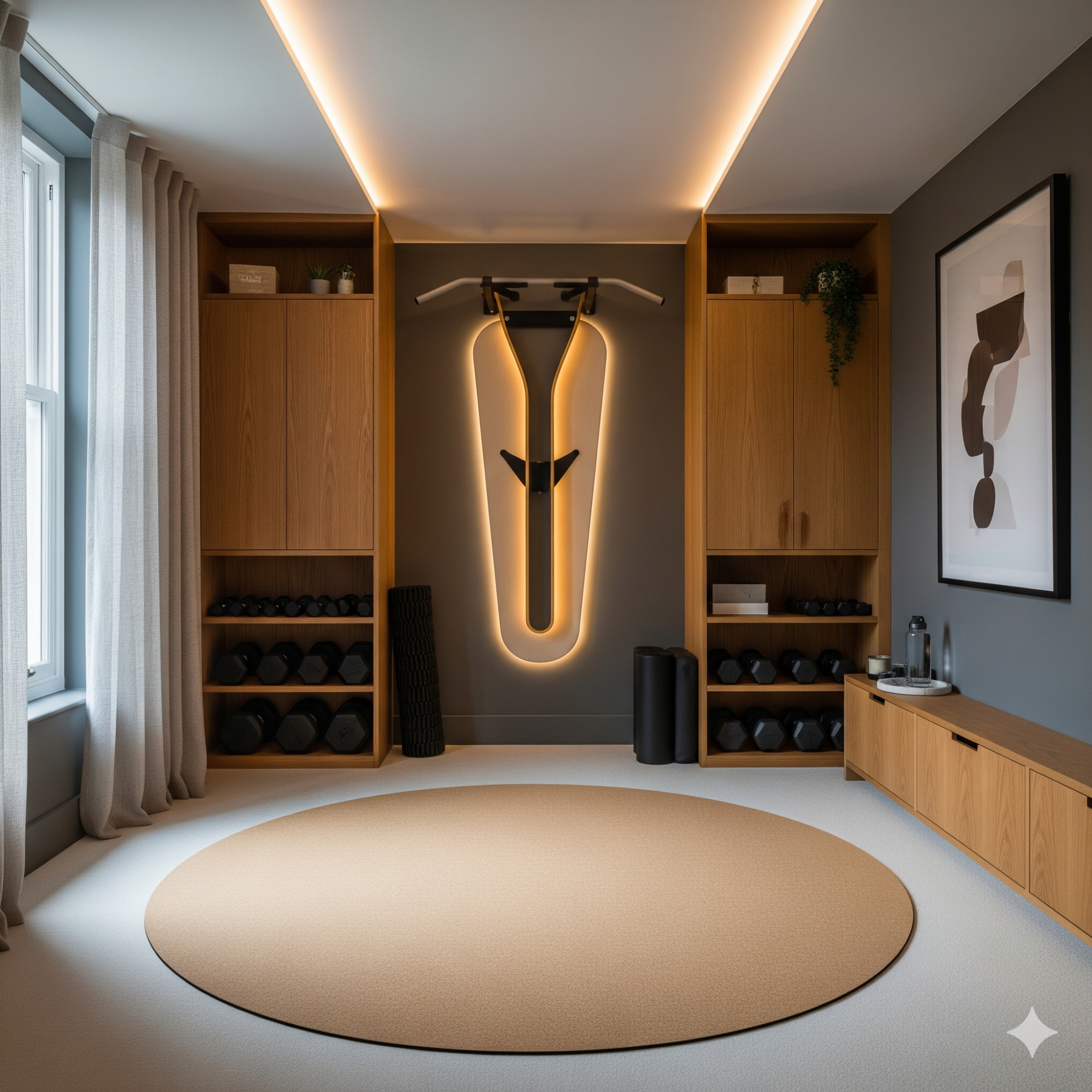 Bespoke Modern workout space featuring wooden storage, a circular rug, and warm ambient lighting.