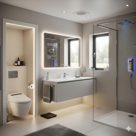 UK bathroom Modern bathroom featuring a shower, toilet, double sink, and illuminated mirror.