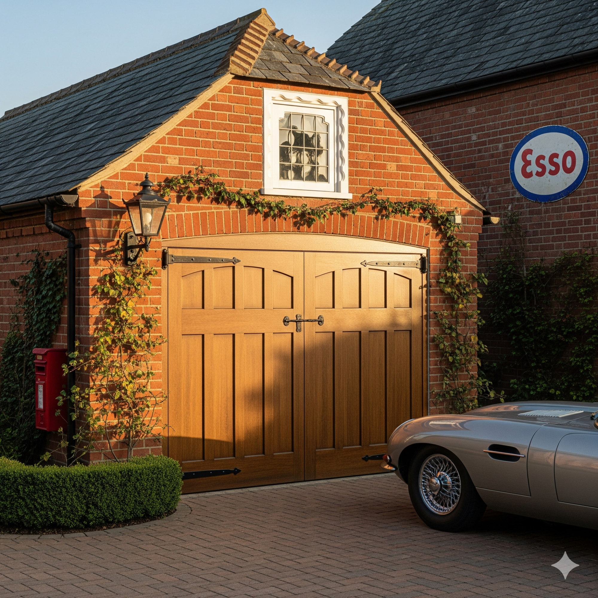 Traditional & Classic Brick garage with wooden doors, lush greenery, and a classic car parked nearby.