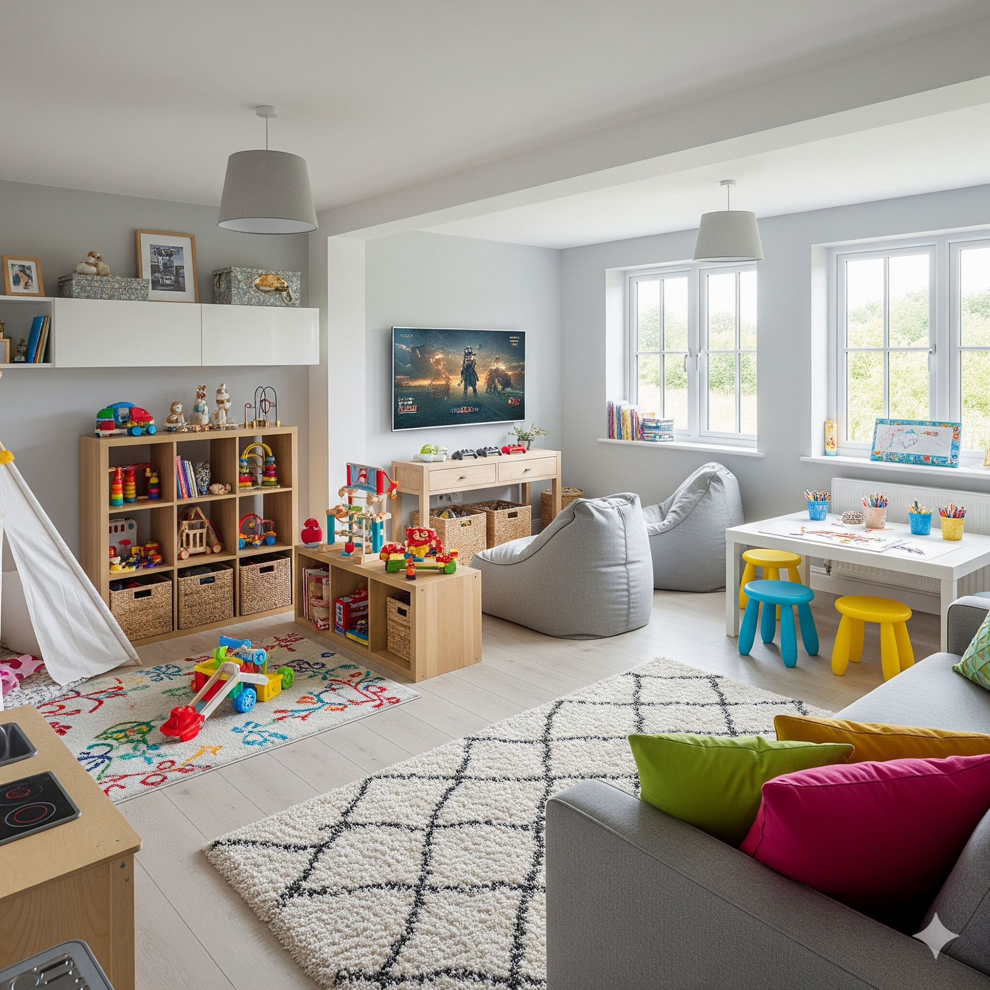 The Multi-purpose Family Hub Bright, modern playroom with toys, a sofa, bean bags, and a children's table.