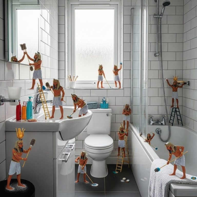 UK Bathroom Bathroom scene with small figures playfully cleaning and interacting in a whimsical manner.