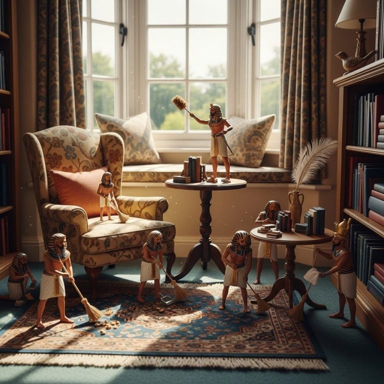 UK home Sun Trap/Reading Nook A cozy room with toy figures in Egyptian attire, a patterned rug, and sunlight through the windows.