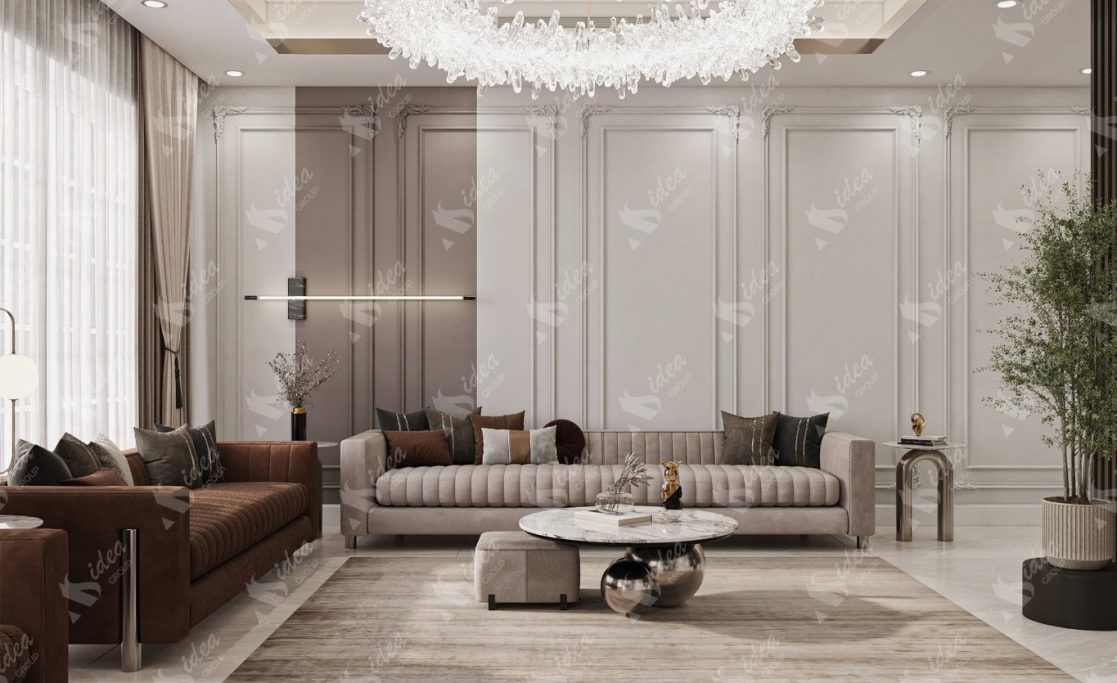 lounge Modern living room with elegant furniture, a stylish chandelier, and decorative plants.