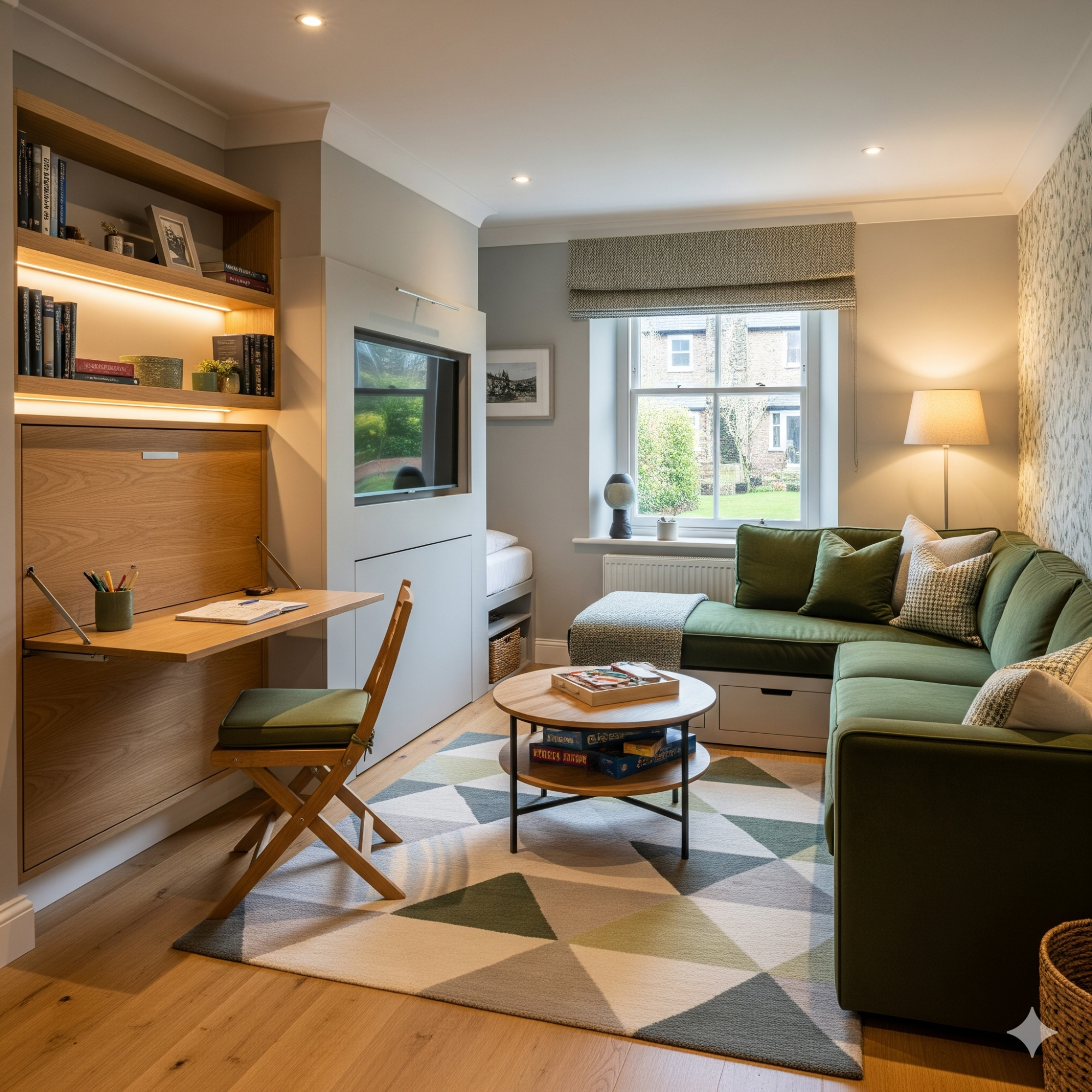 Multifunctionality Modern living room with a green sofa, workspace, and patterned rug, featuring natural light.