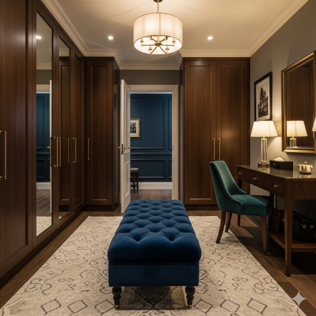 UK walk-in closet A stylish dressing room with a blue ottoman, wooden wardrobes, and elegant lighting.