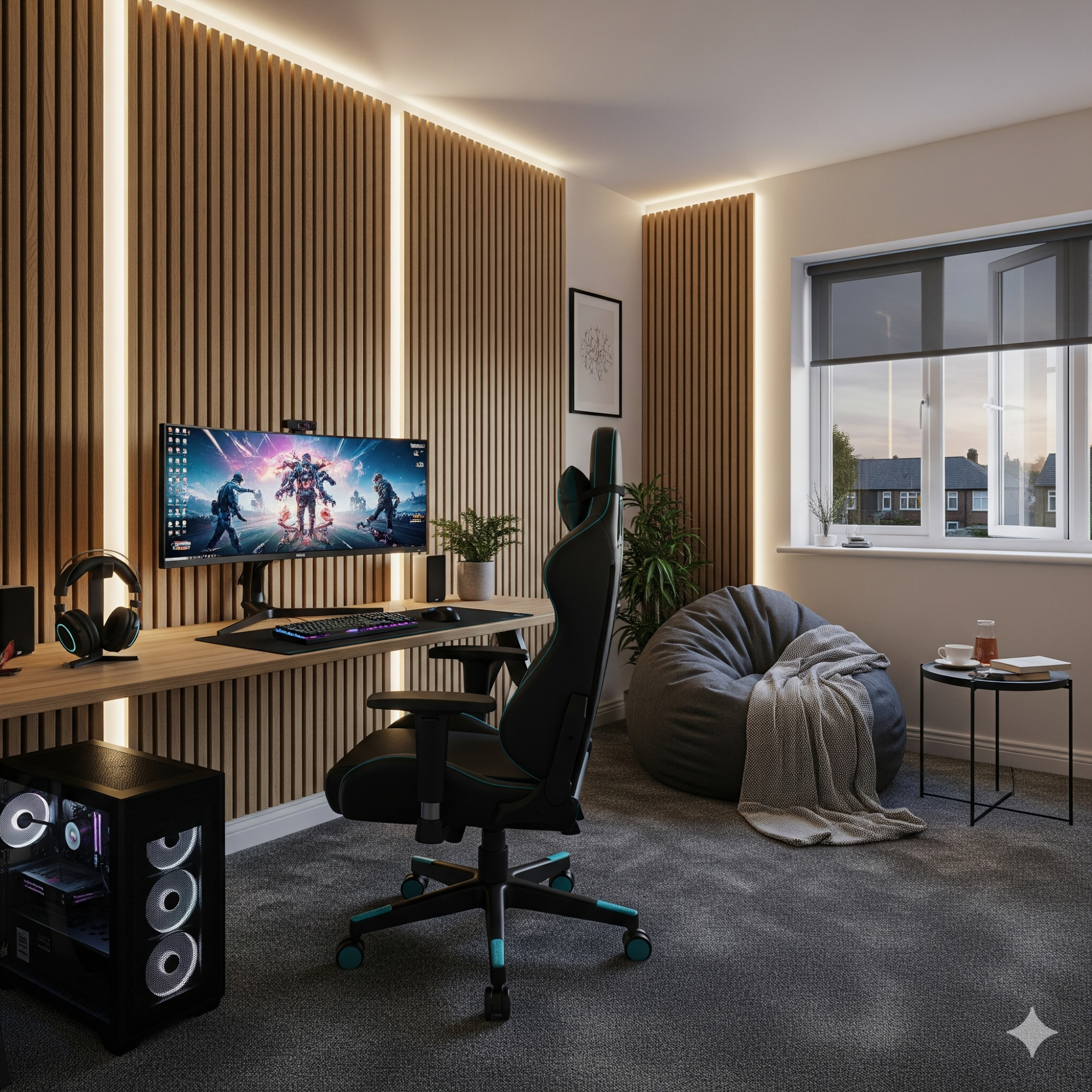 Acoustic Panelling Modern gaming setup with a desk, chair, monitor, and ambient lighting in a stylish room.