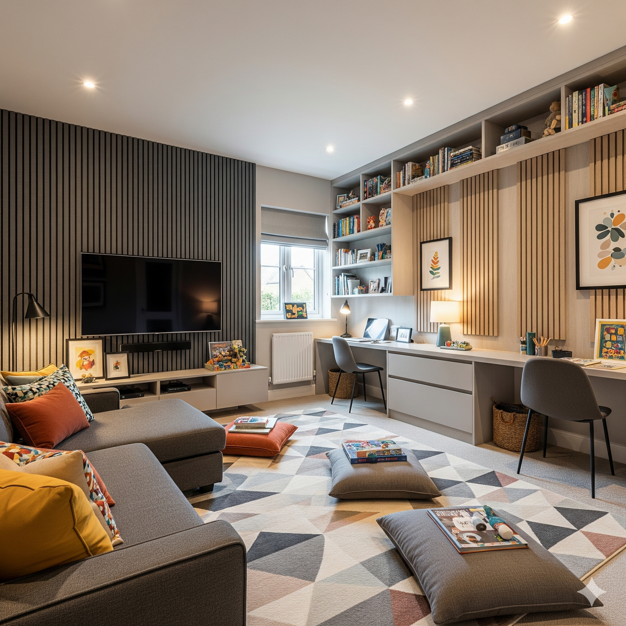 Acoustic Panelling Modern living room with a grey sofa, bookshelves, and a desk, featuring colourful cushions and a rug.