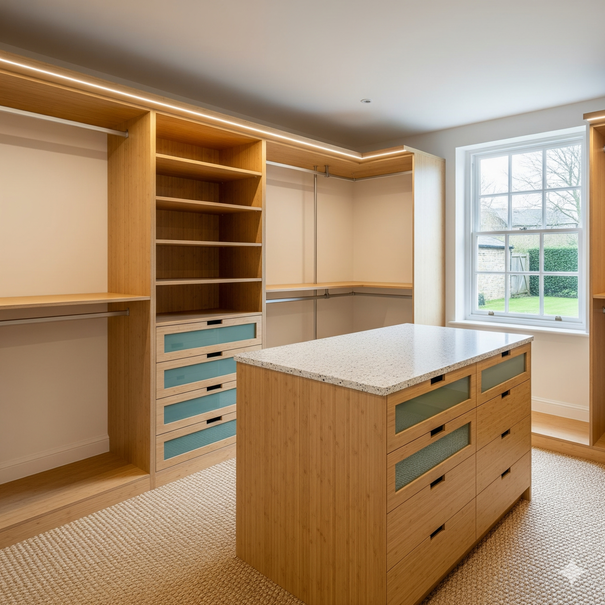 Sustainable Materials Spacious walk-in wardrobe with wooden shelves, drawers, and a central island dresser.