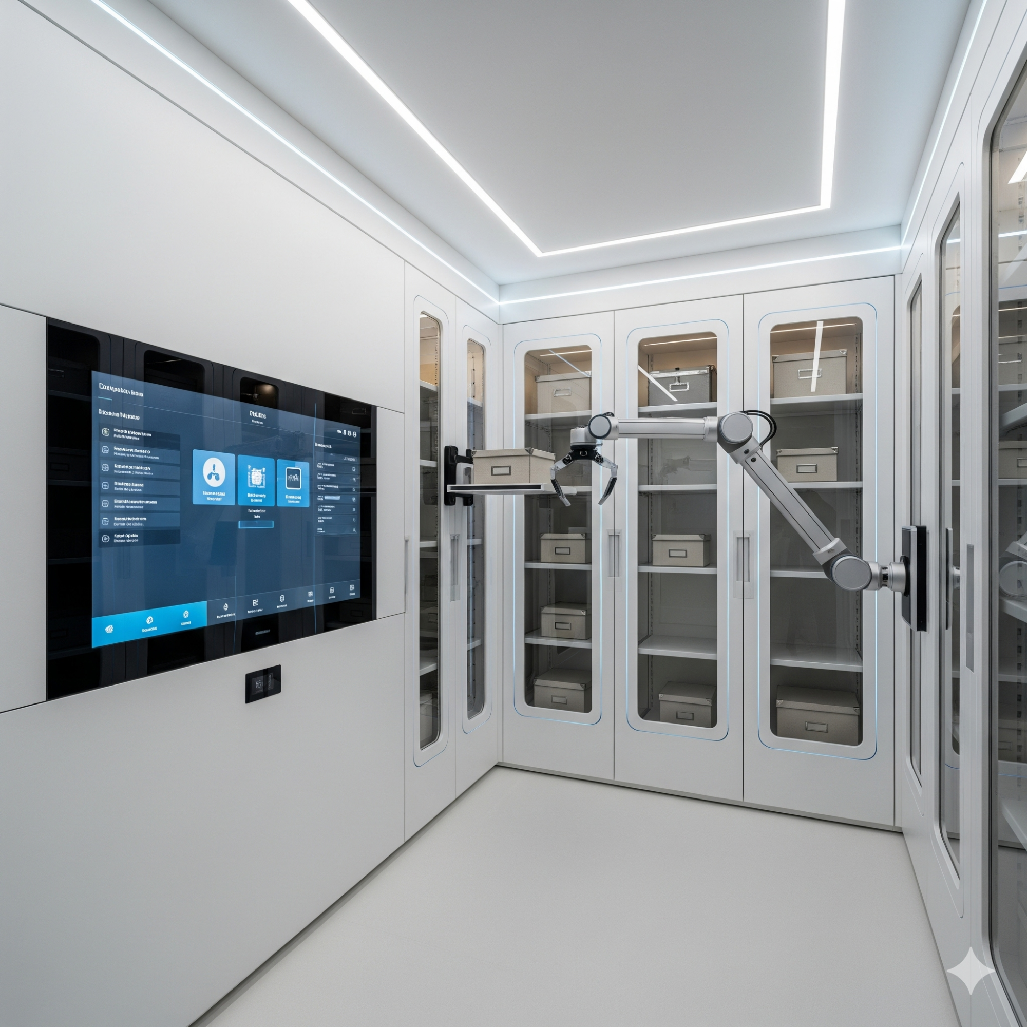 Smart Technology Modern room with robotic arm and touchscreen display beside glass storage cabinets.