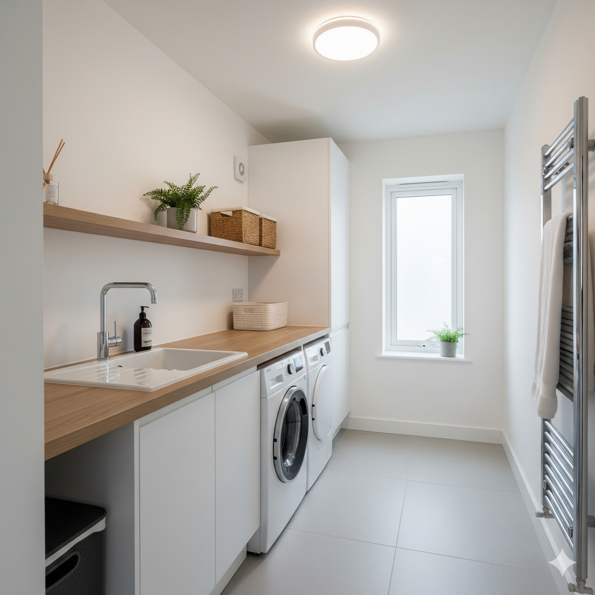 Modern & Minimalist Modern laundry room with a sink, washing machine, and open shelving, featuring light decor.
