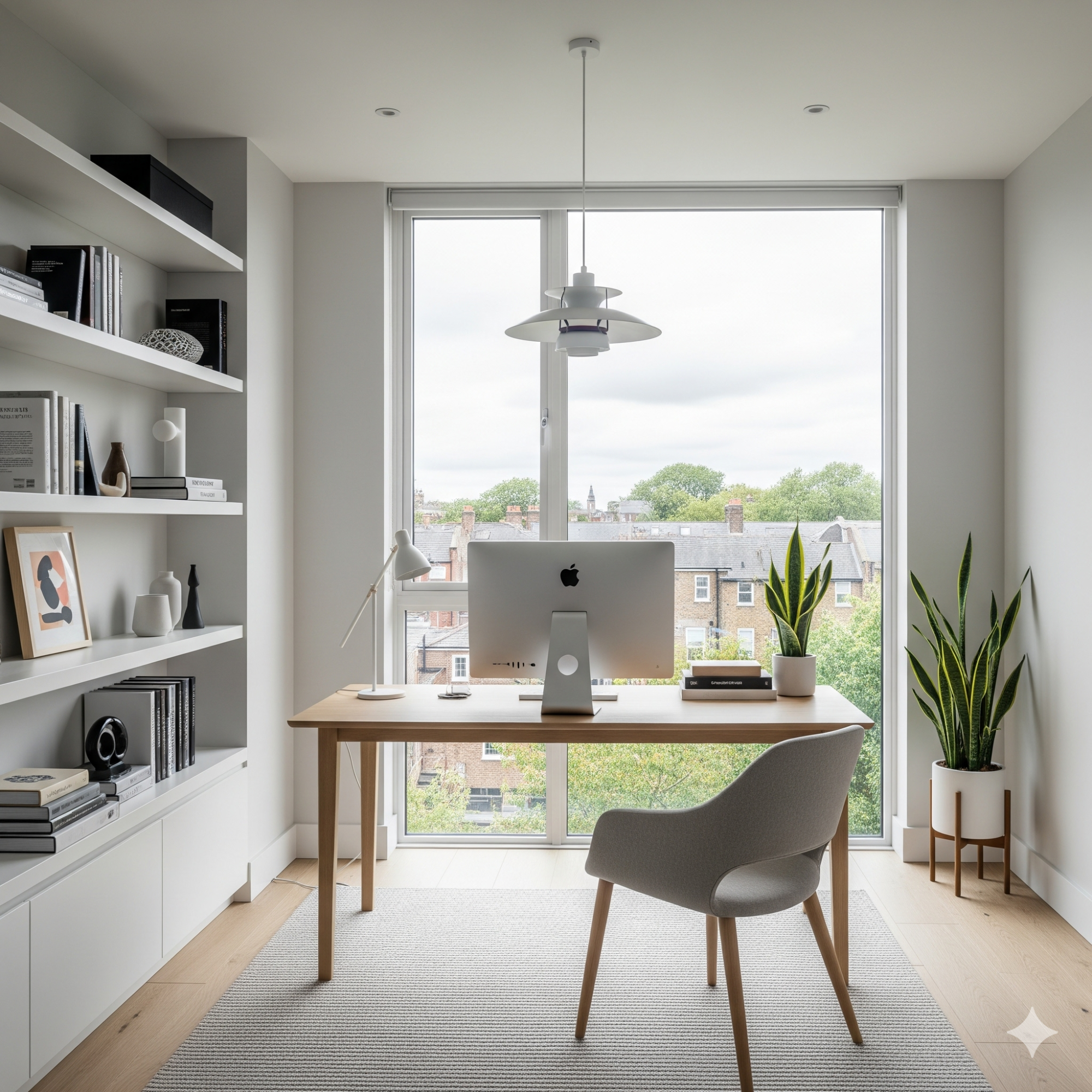 Modern Minimalist Bright modern office space with a desk, computer, plants, and large windows.