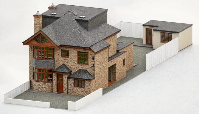 Model of a multi-storey house with a grey roof and stone exterior, featuring a detached garage.