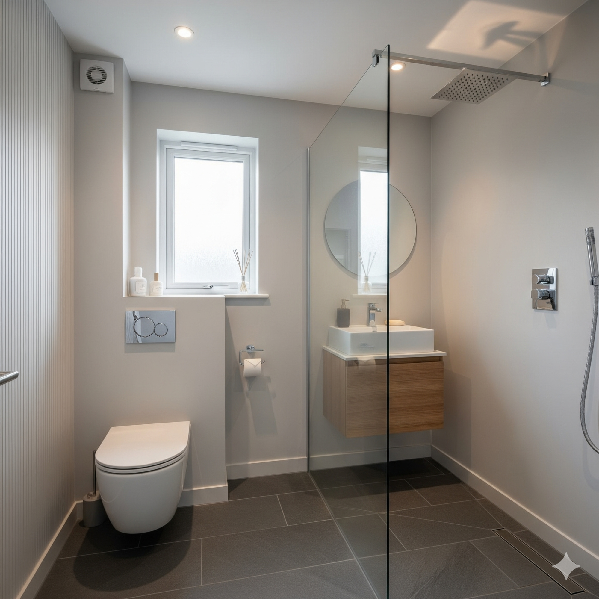 Modern & Minimalist Modern bathroom with a walk-in shower, toilet, and wall-mounted sink in neutral tones.