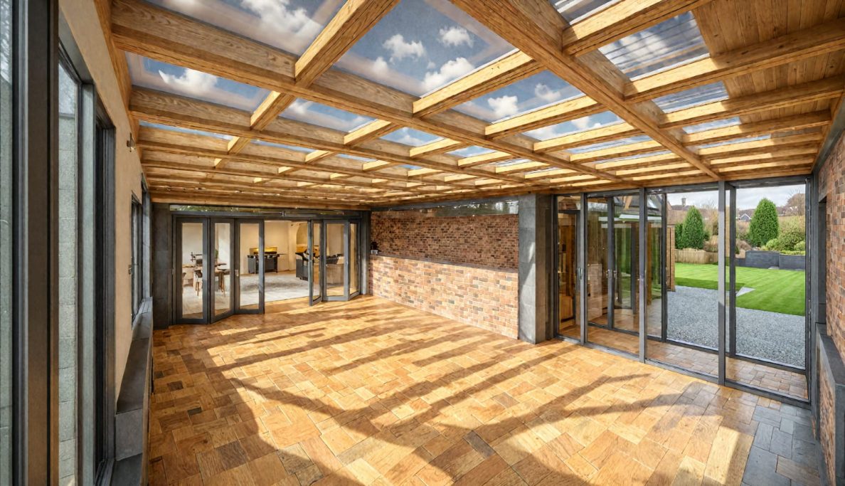 Render shot 05 Modern interior with wooden beams, large windows, and a brick wall, bathed in natural light.