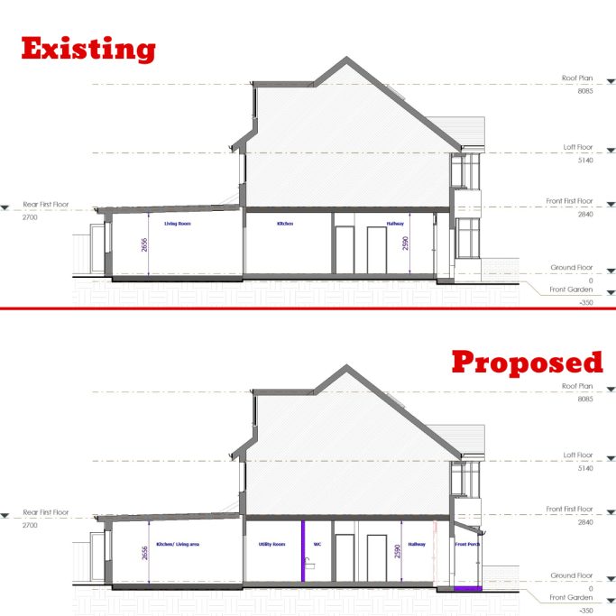 Existing and proposed section Side-by-side elevation drawings: existing structure above and proposed modifications below.