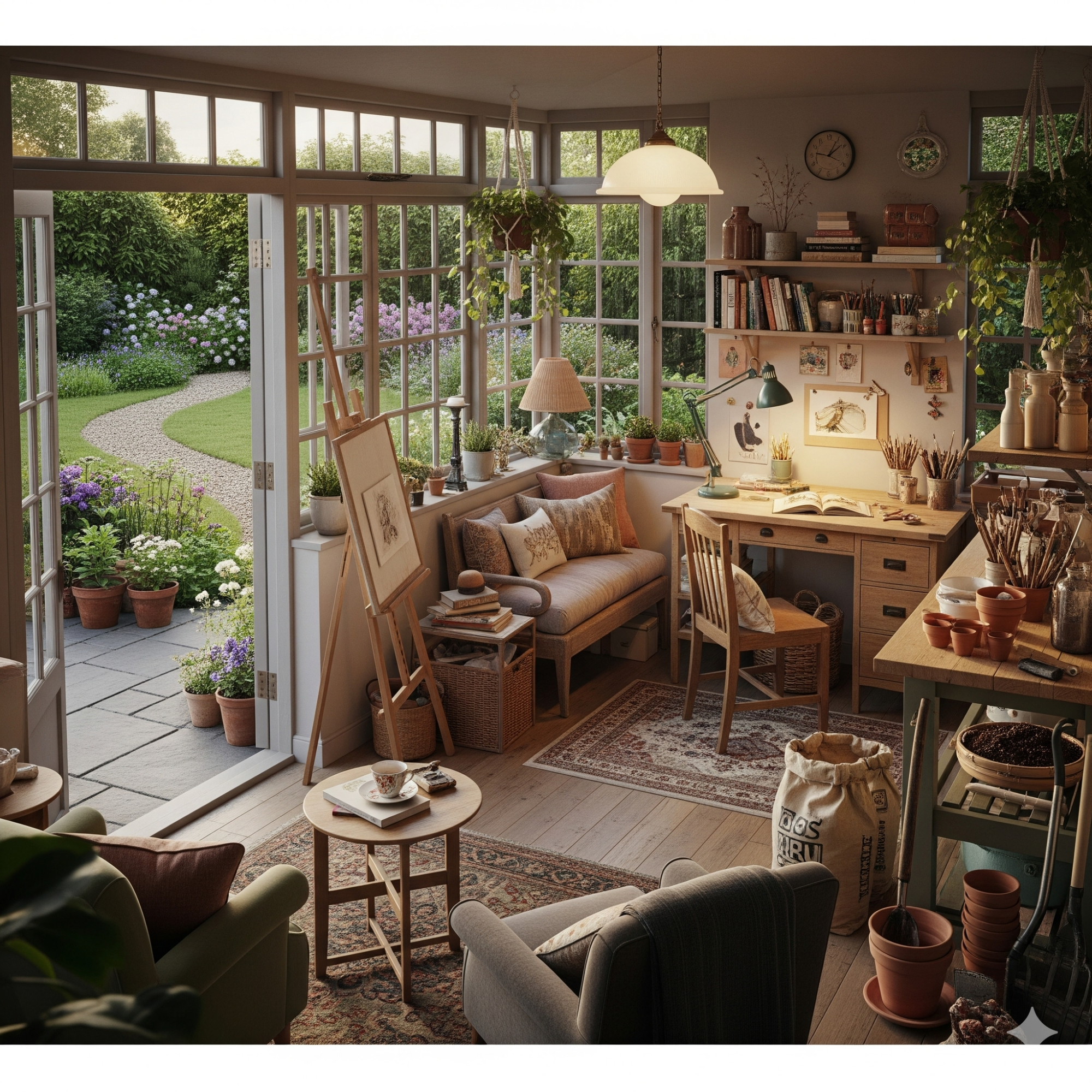 Multi-purpose Creative A cozy artist's studio with outdoor views, plants, and warm lighting.