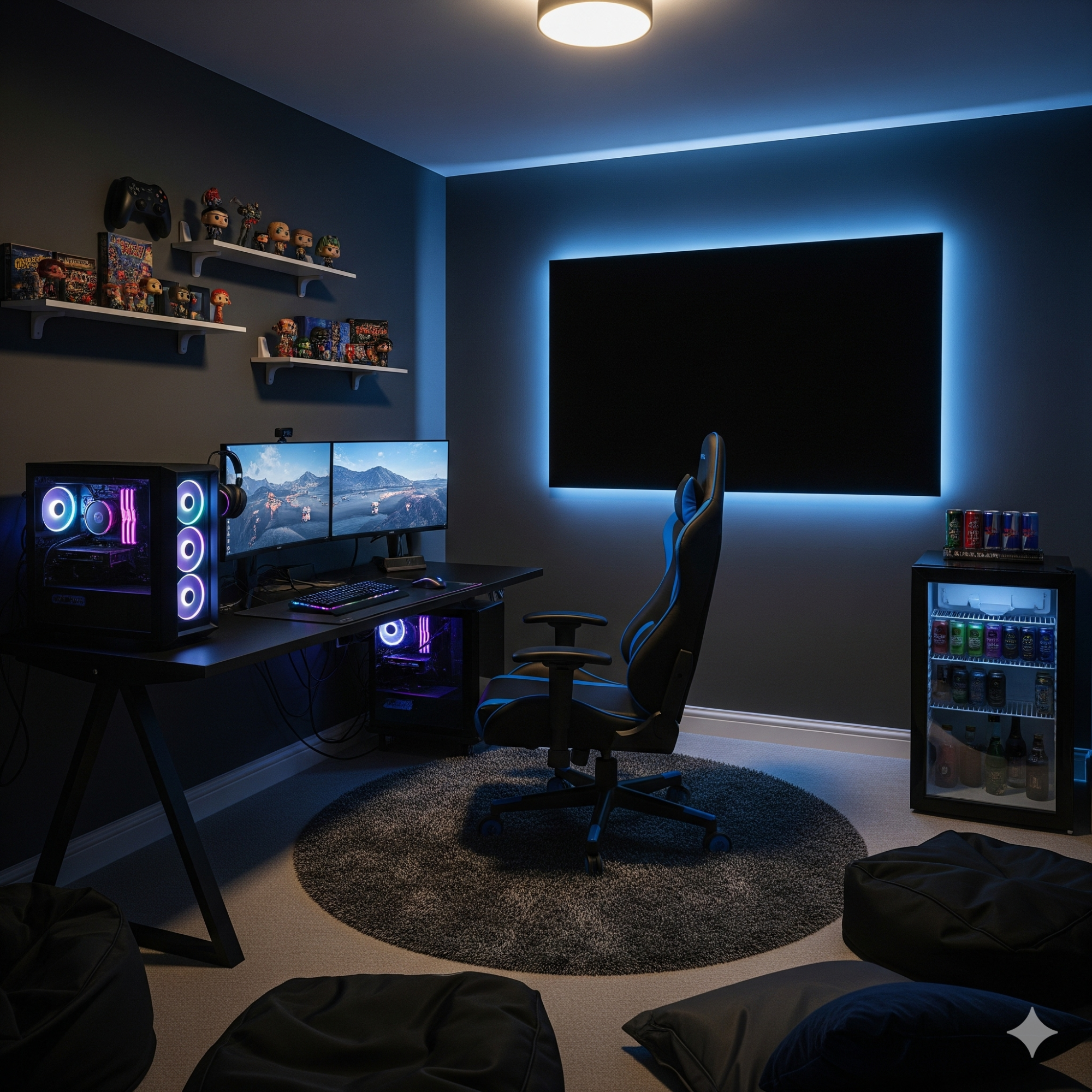 Gaming & Media Hub A modern gaming setup with two monitors, a gaming chair, and ambient lighting.