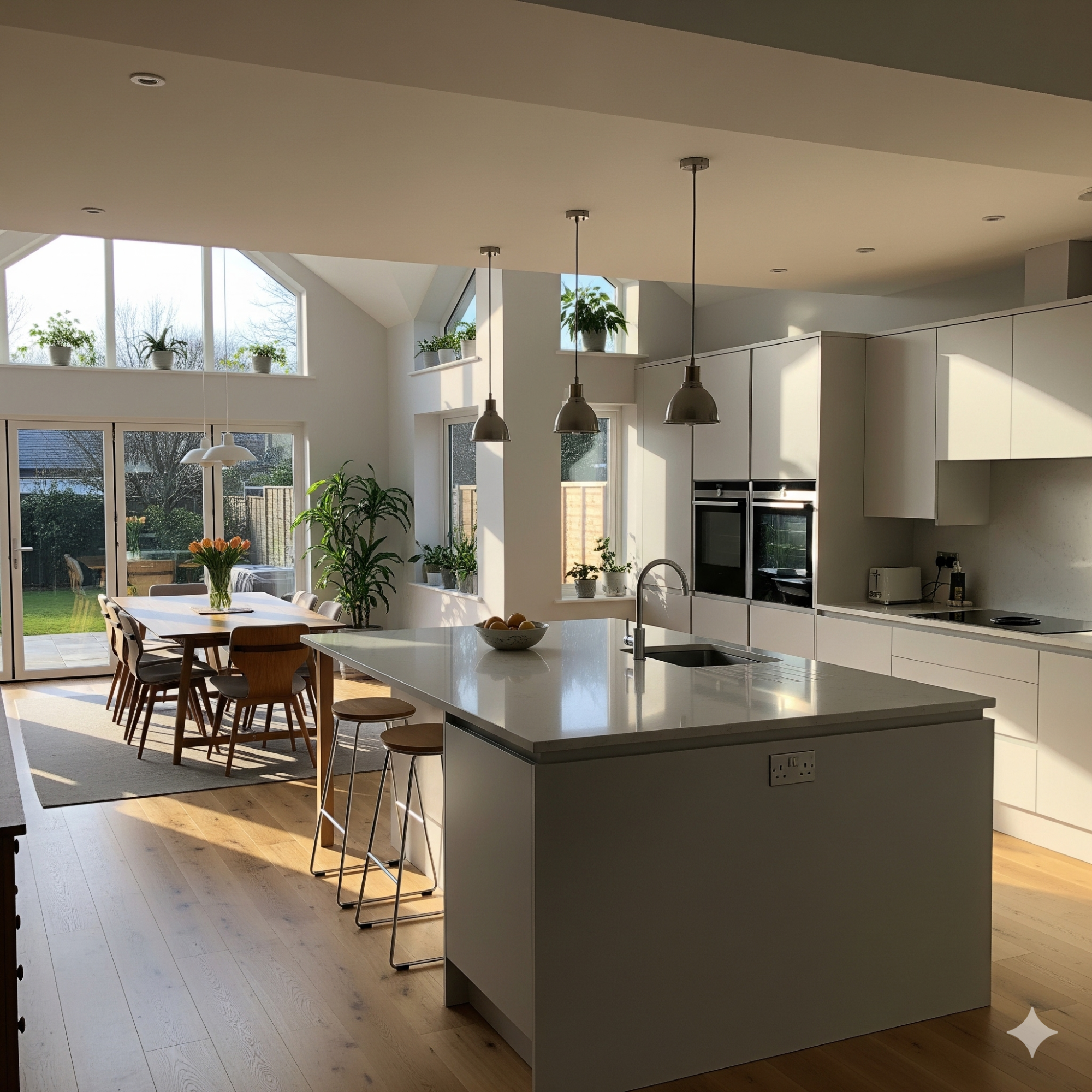 Maximising Natural Light Bright, modern kitchen with an island, wooden dining table, and large windows.