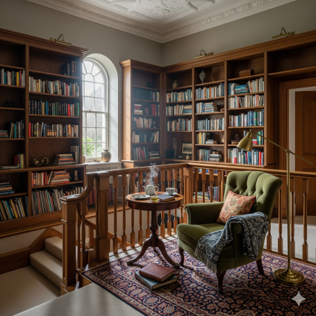 UK Landing Cosy library with wooden shelves filled with books, a green armchair, and a small table.