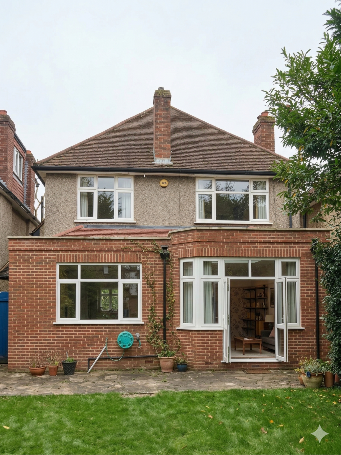 Traditional Matching Brick Two-storey brick house with large windows and garden, featuring a patio area.
