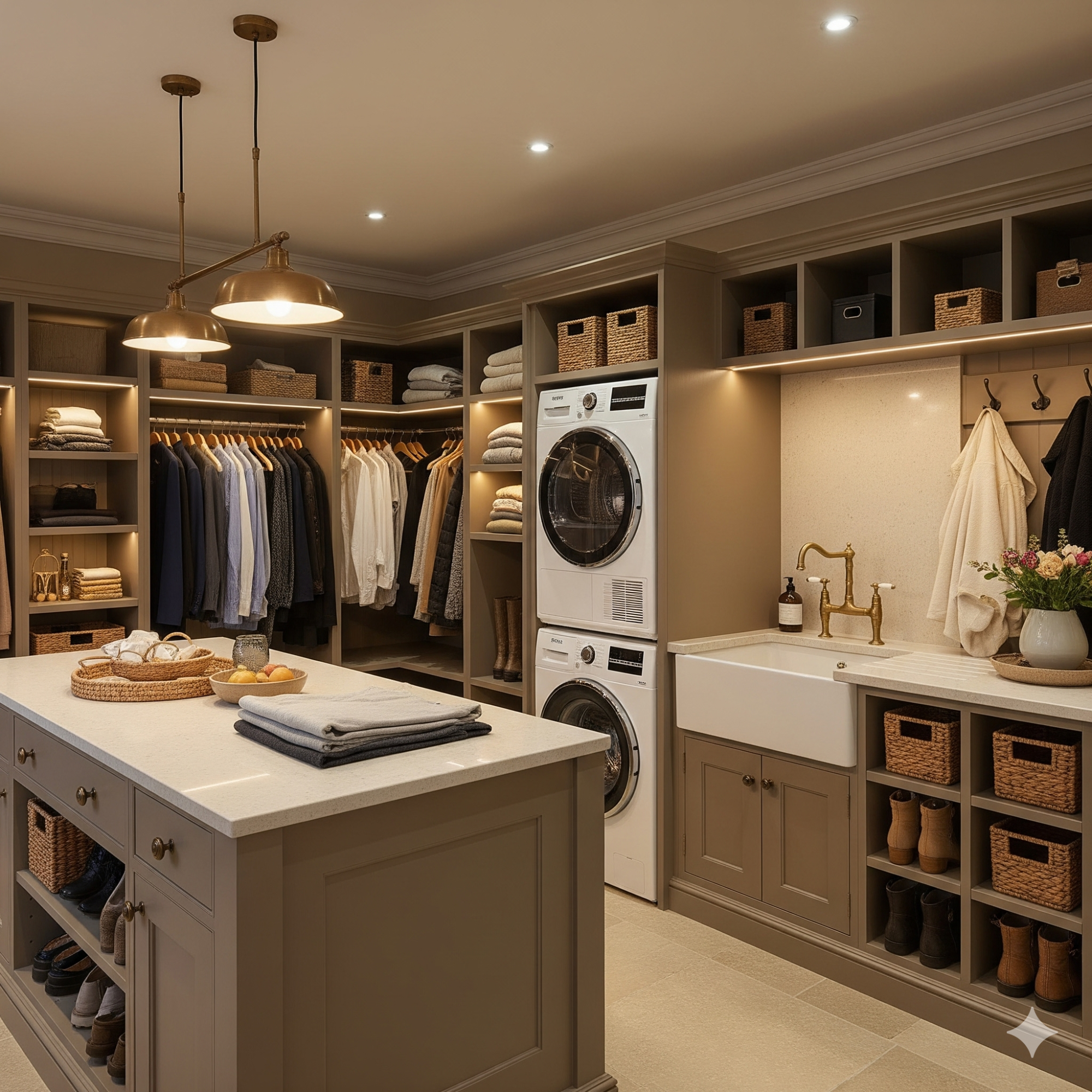 Bootility A modern laundry room featuring a washer, sink, and storage with elegant lighting.