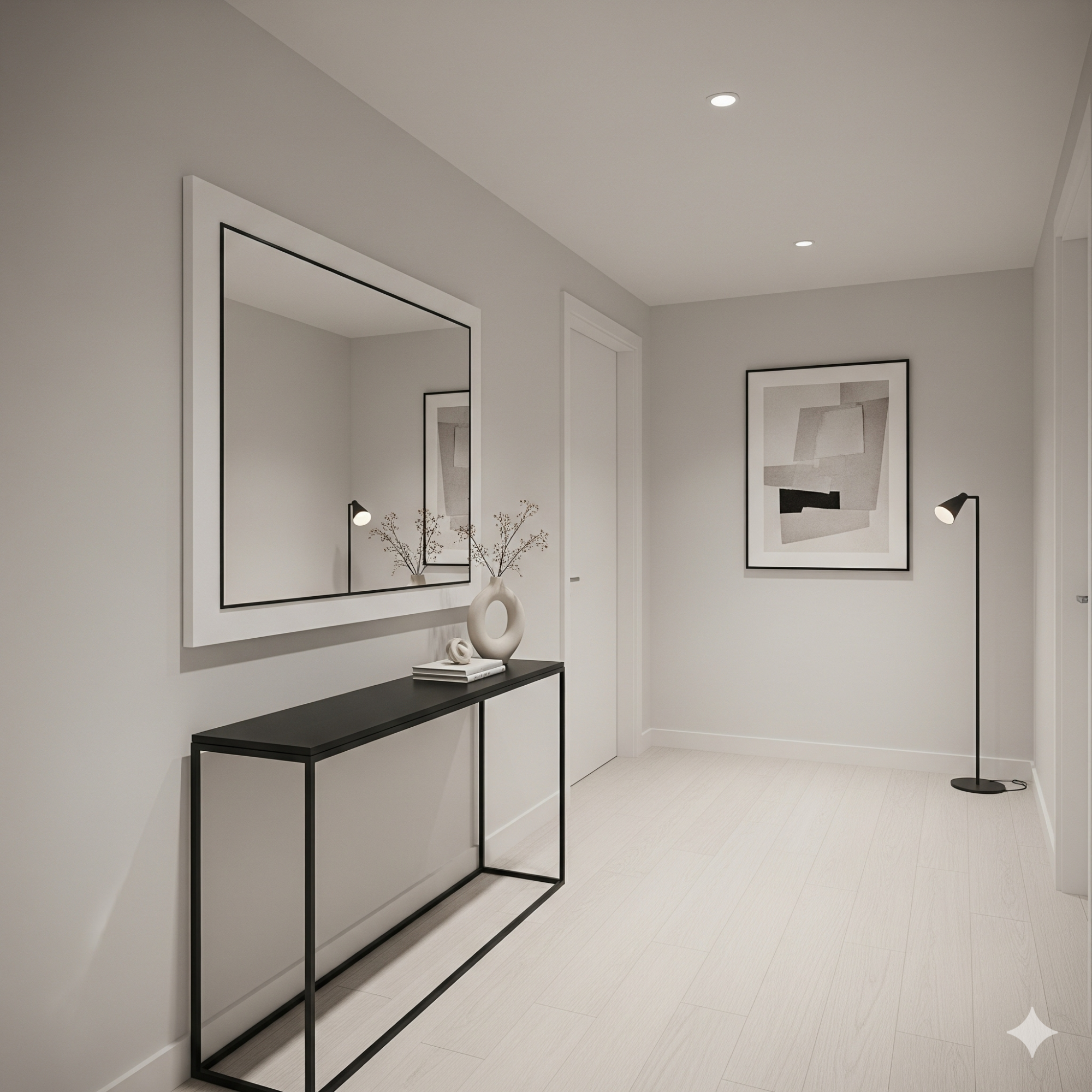 Modern Minimalist Modern hallway with a mirror, artwork, console table, and stylish floor lamp.