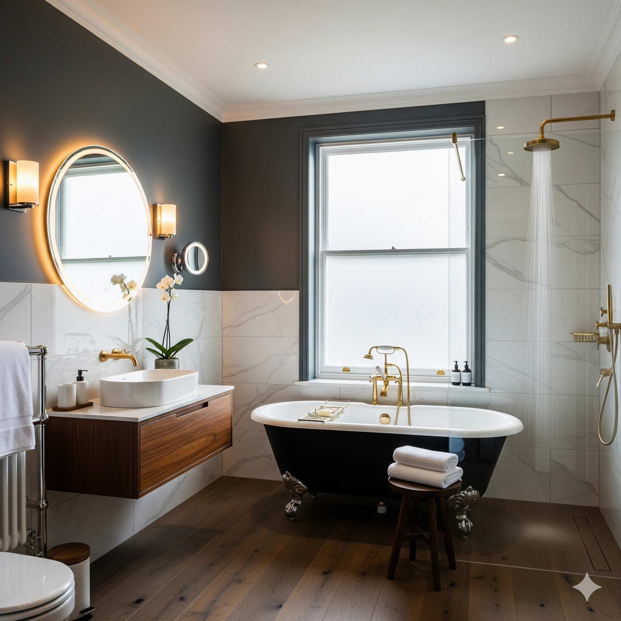 Boutique Hotel Chic Modern bathroom featuring a freestanding bathtub, wood accents, and elegant fixtures.
