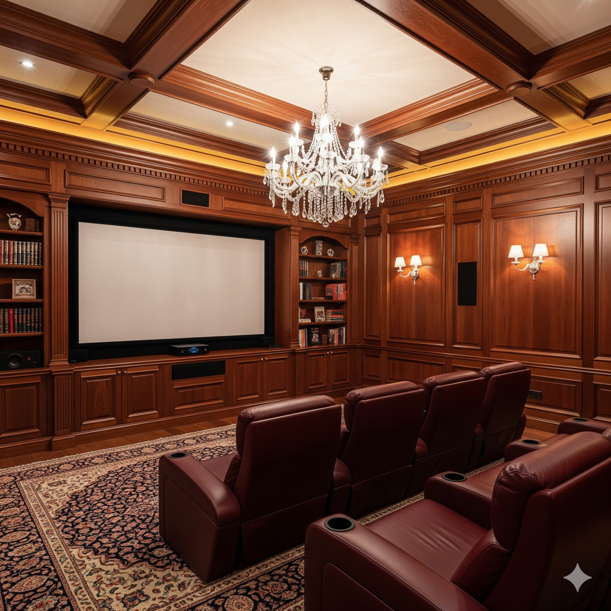 Classic Cinema Luxurious home cinema with leather seating, chandelier, and wooden paneling.