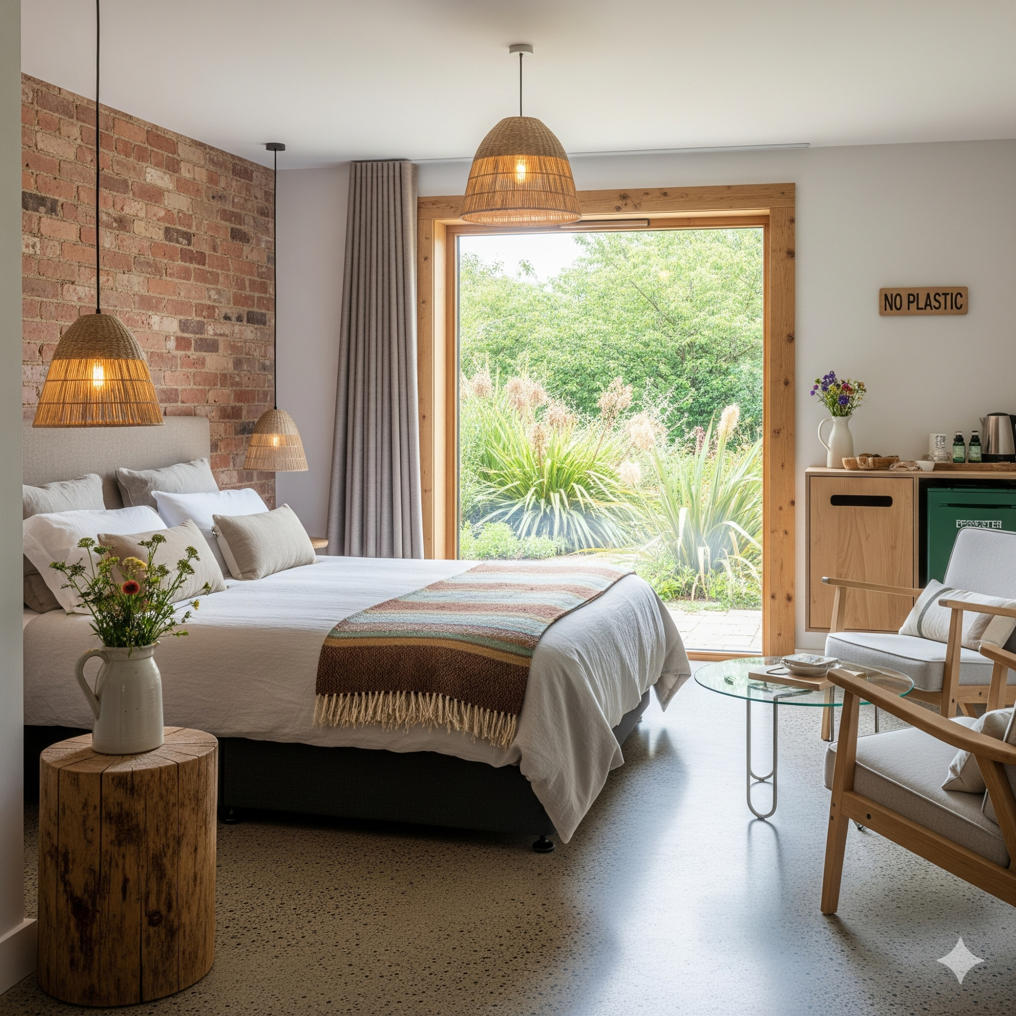 Sustainability Modern bedroom with a large window, natural decor, and a cosy seating area.