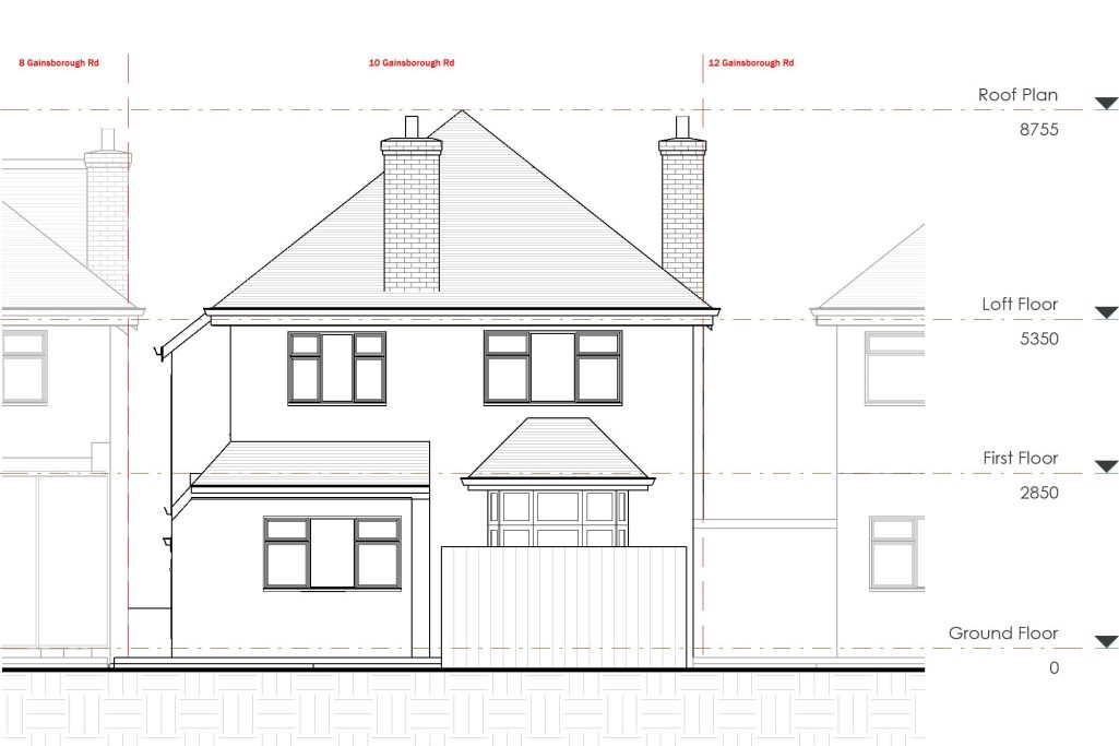 Existing Rear Elevation Architectural drawing of a two-storey house with a pitched roof and two chimneys.