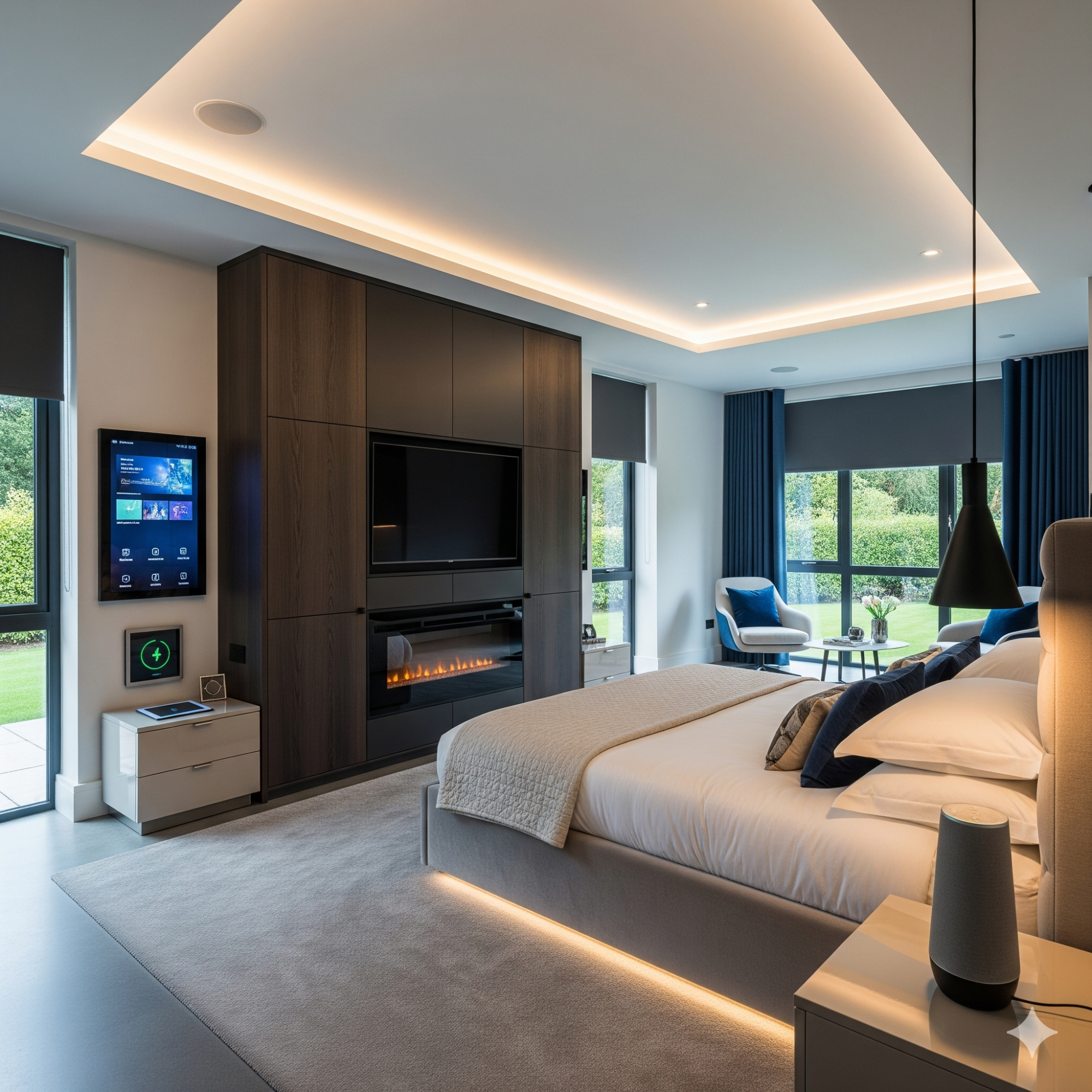 Smart Technology Modern bedroom featuring a king-size bed, TV, and large windows with garden view.