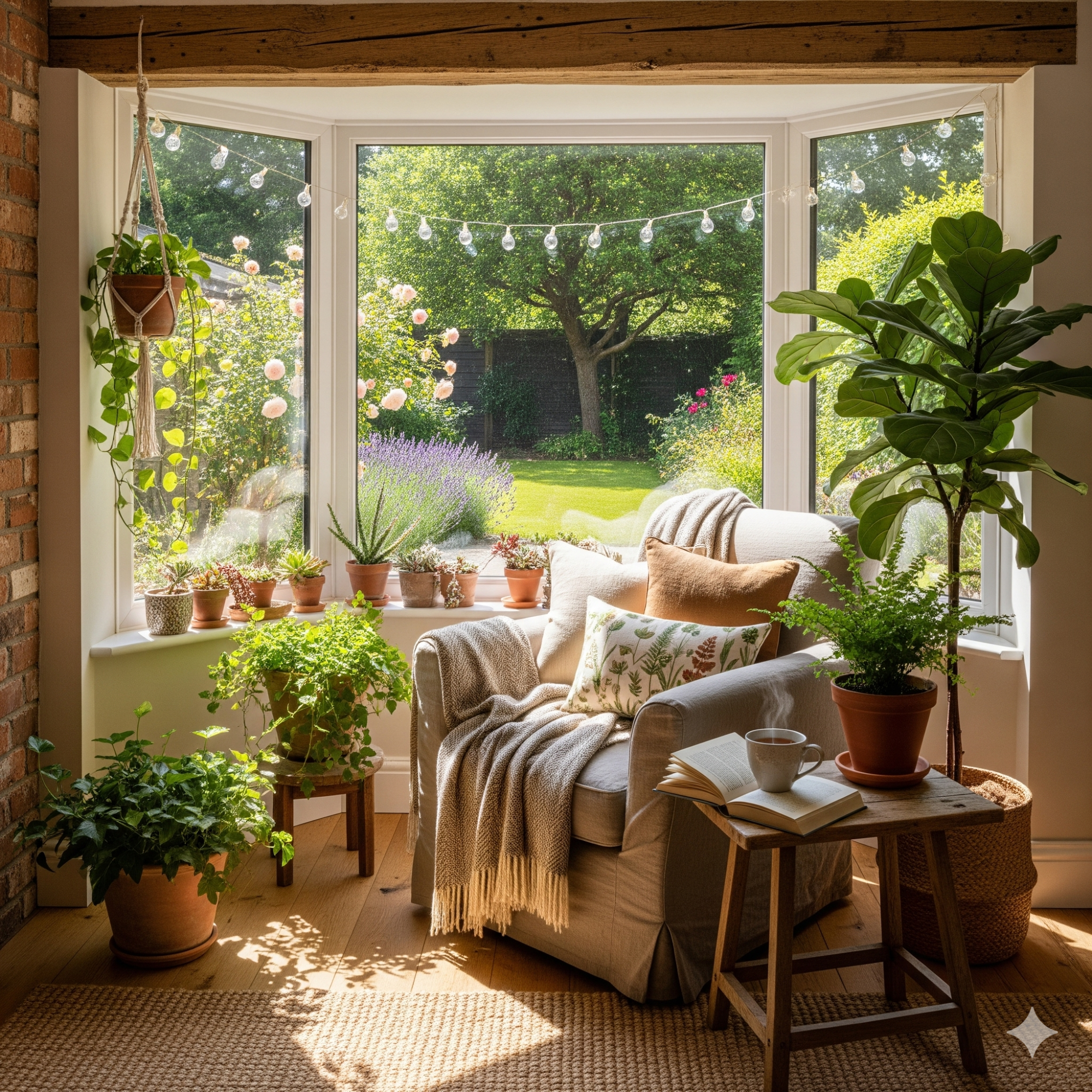 Bringing the Outdoors In Cosy living space with a chair, plants, and a sunny garden view outside.