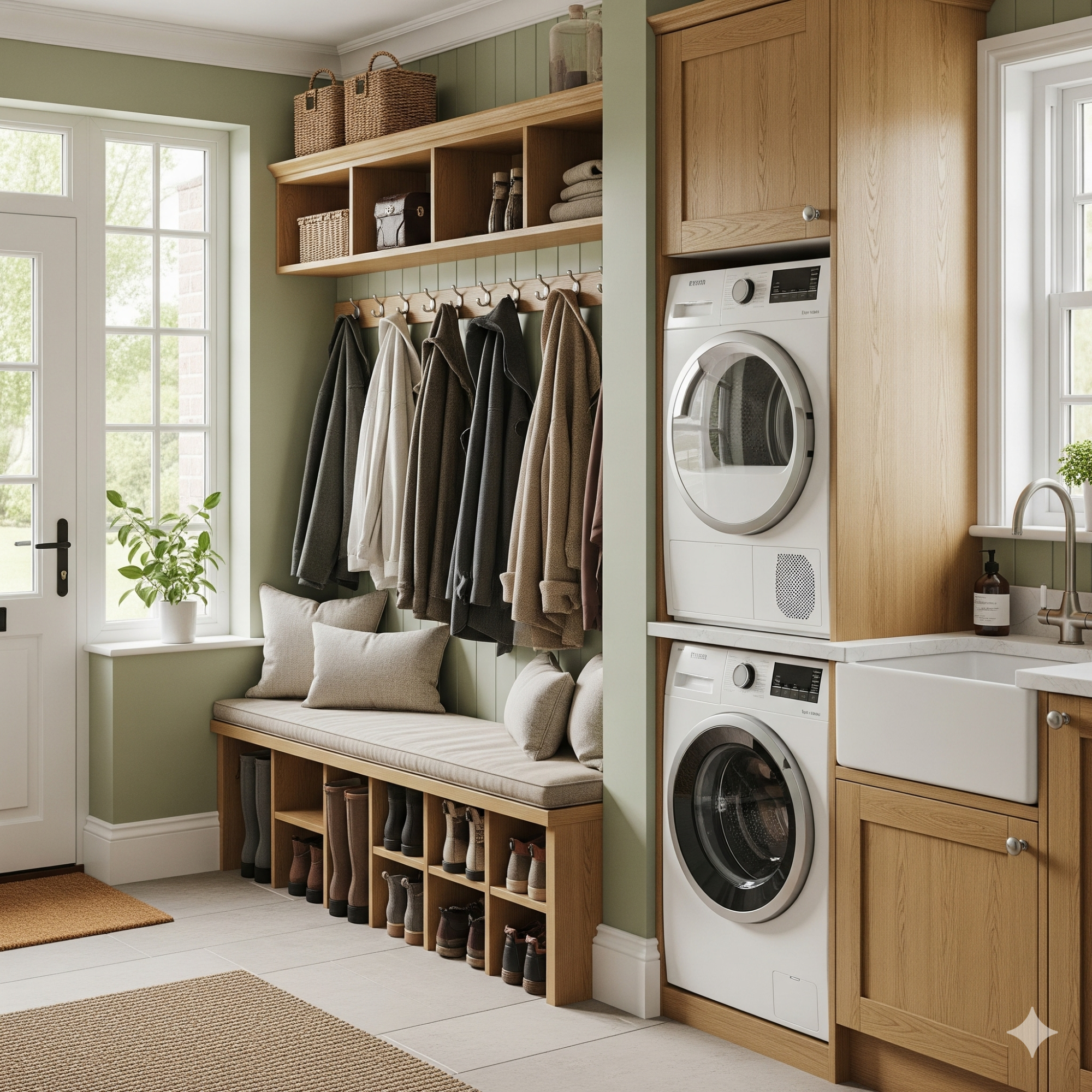 Bootility Laundry room with a washer, dryer, bench, coat rack, and natural light.
