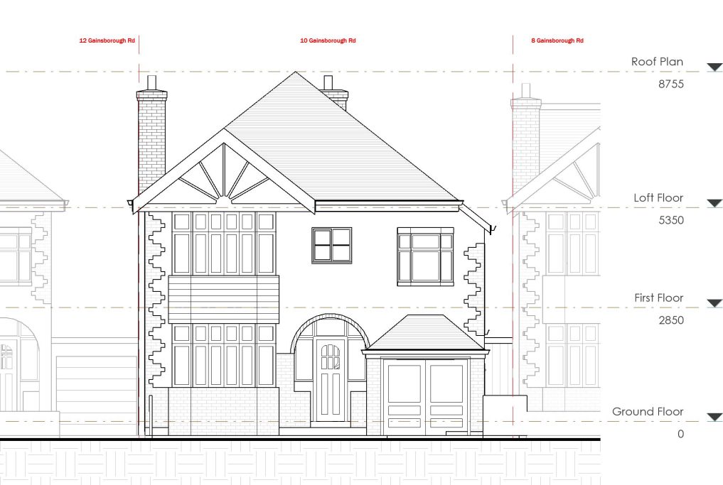 Existing Front Elevation Elevational drawing of a two-storey, detached house with architectural details.