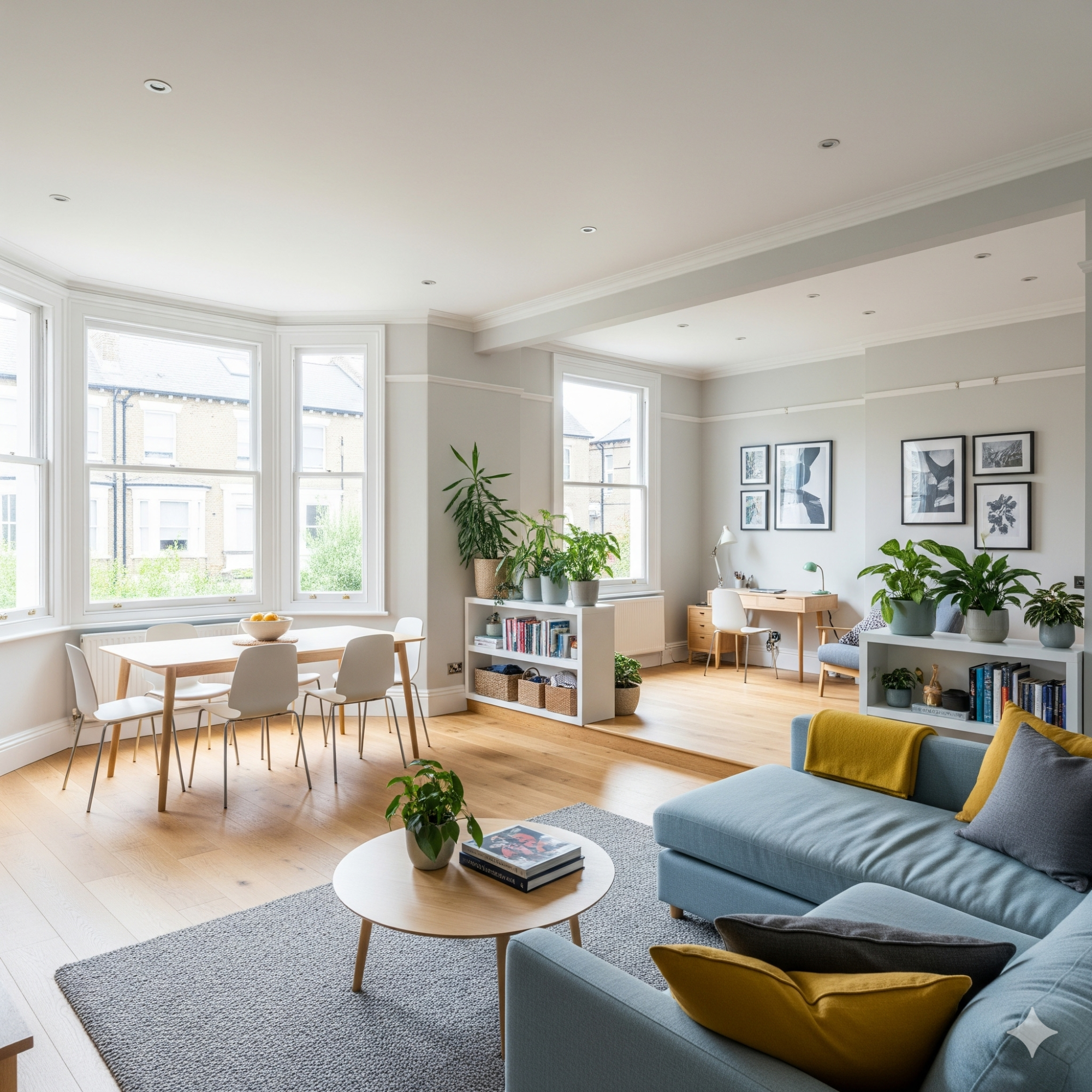 Broken-Plan Bright, modern living room with plants, a sofa, and a dining area with wooden furniture.