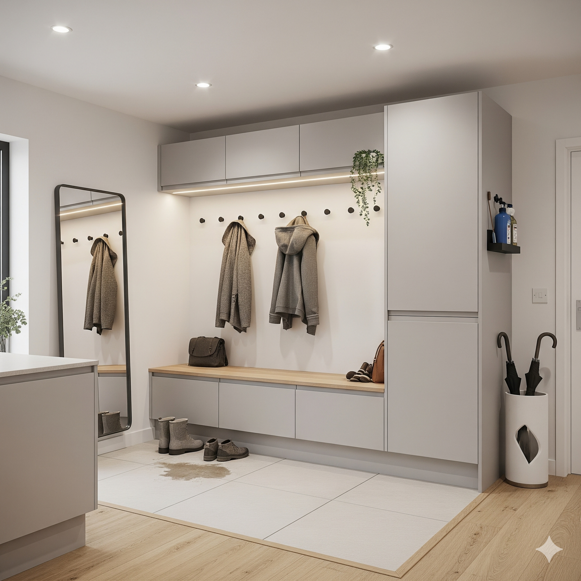 Modern & Minimalist Modern hallway with grey storage units, hooks, a mirror, and a bench on wooden flooring.