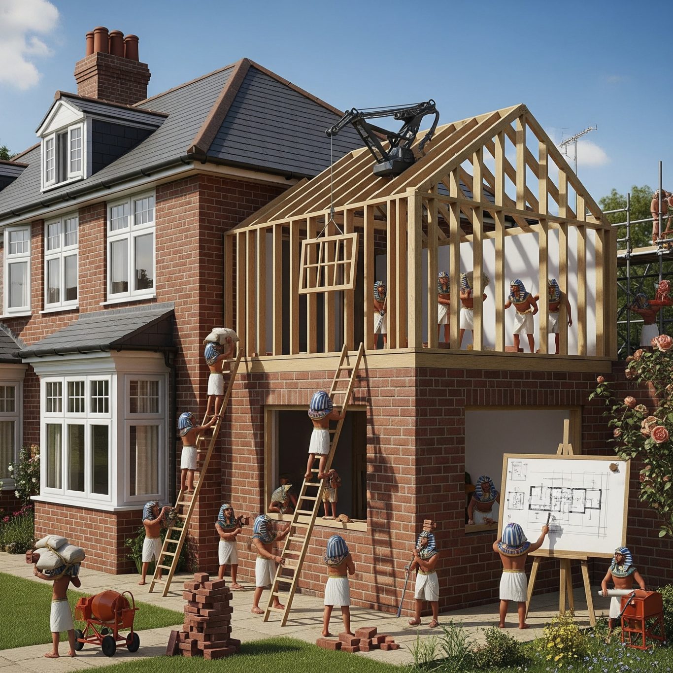Double Storey Side Extension Construction workers building an extension on a red-brick house with ladders and tools.