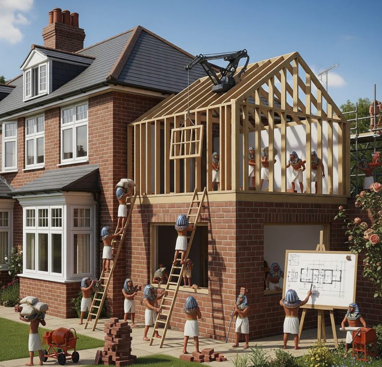 Double Storey side Extension Construction workers building an extension on a brick house, using ladders and scaffolding.