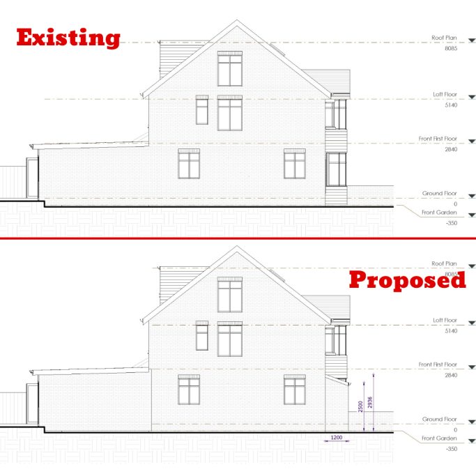 Existing and proposed side elevation Side elevation drawings showing existing and proposed designs of a house.
